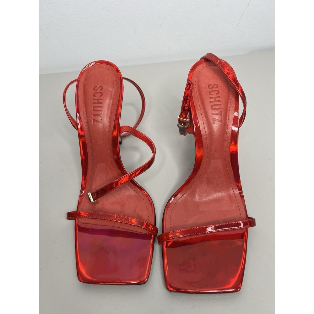 Schutz Red Sam Square Toe Ankle Strap Sandal Gold Toned Heel Square Toe Size 7 - Picture 3 of 9
